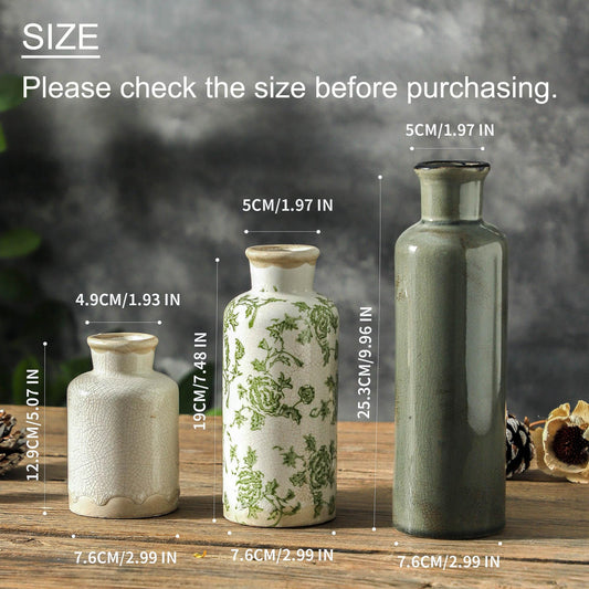 Nordly Vintage Ceramic Flower Vase Set of 3 – Chinoiserie, Green & Beige