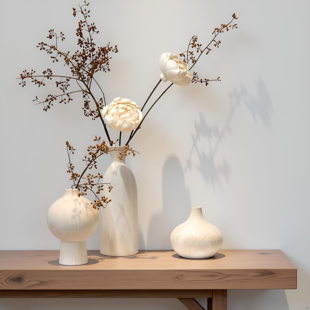 Nordly Ceramic Vase Set of 3 – White & Beige, Stone-Look Texture