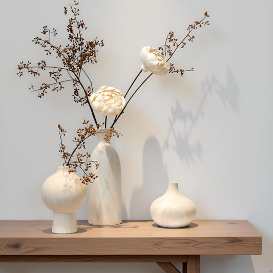 Nordly Ceramic Vase Set of 3 – White & Beige, Stone-Look Texture