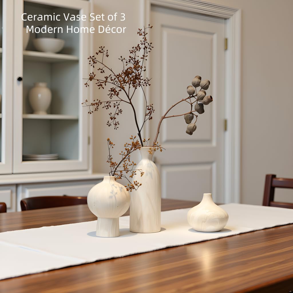 Nordly Ceramic Vase Set of 3 – White & Beige, Stone-Look Texture