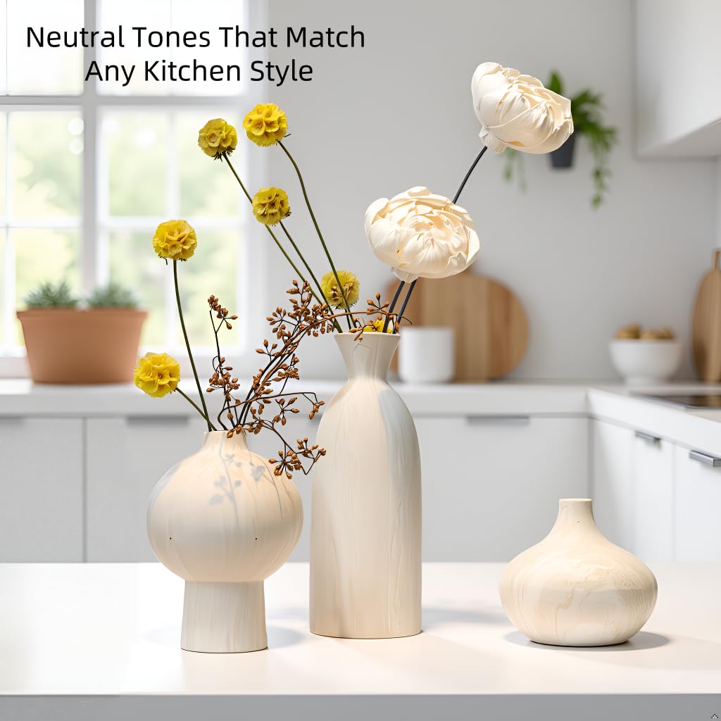 Nordly Ceramic Vase Set of 3 – White & Beige, Stone-Look Texture