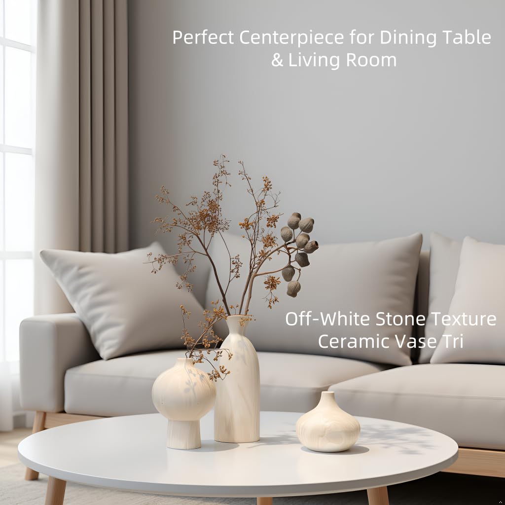 Nordly Ceramic Vase Set of 3 – White & Beige, Stone-Look Texture