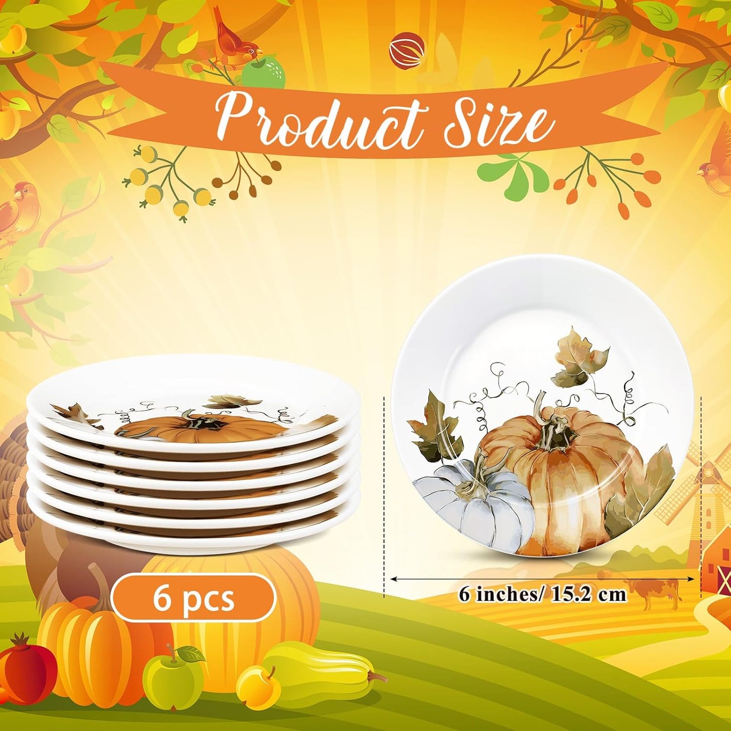Fall Pumpkin Ceramic Plates – Set of 6, 6 Inch | Nordly