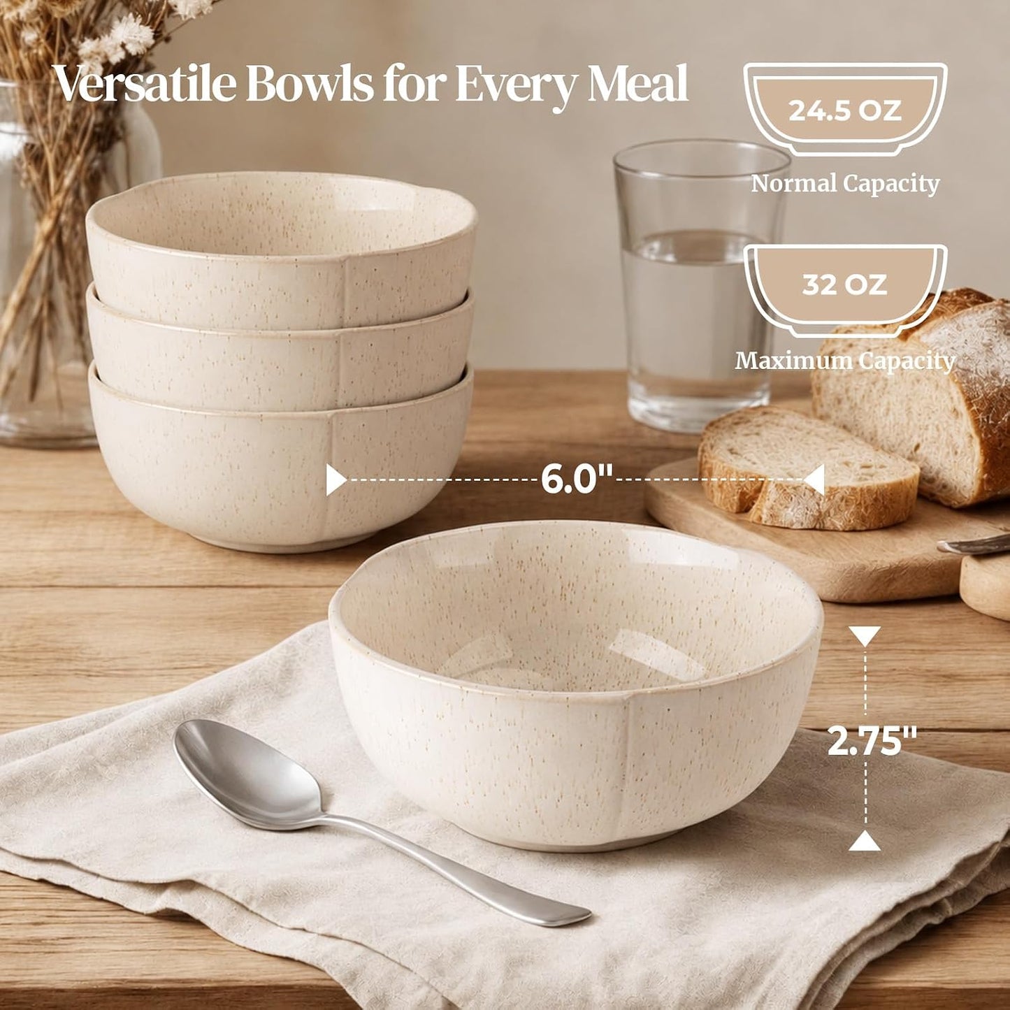 Large Ceramic Soup Bowls 32oz – Sesame Glaze, Set of 4 | Nordly