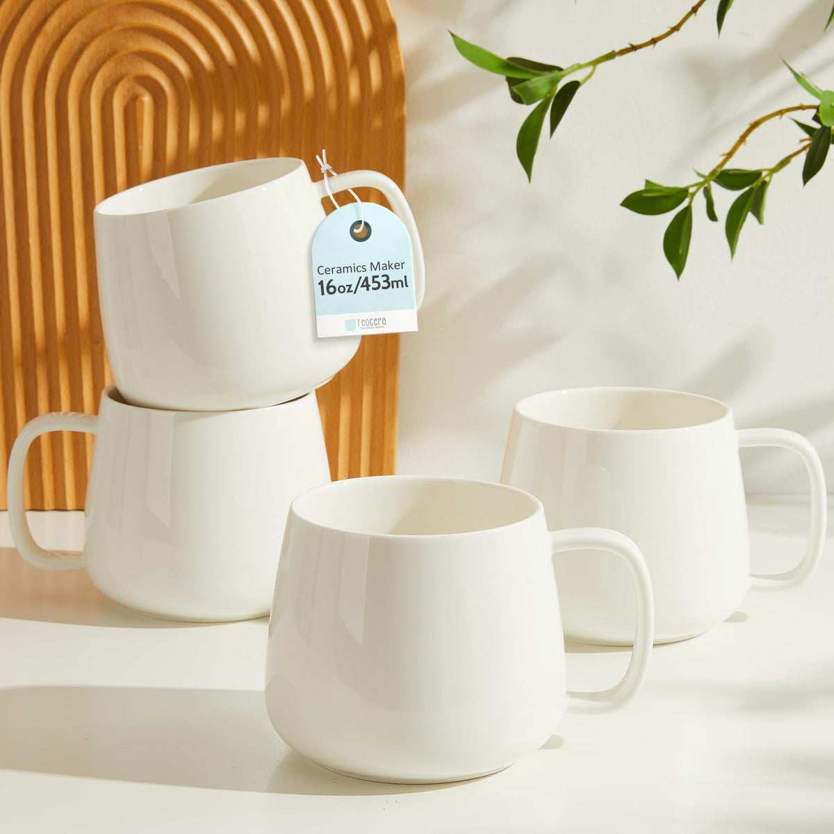 Nordly 16oz Stackable Ceramic Coffee Mugs – Set of 4, White