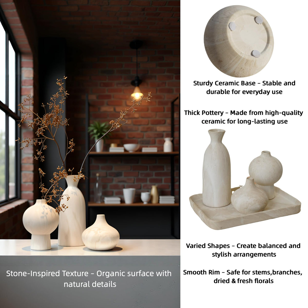 Nordly Ceramic Vase Set of 3 – White & Beige, Stone-Look Texture