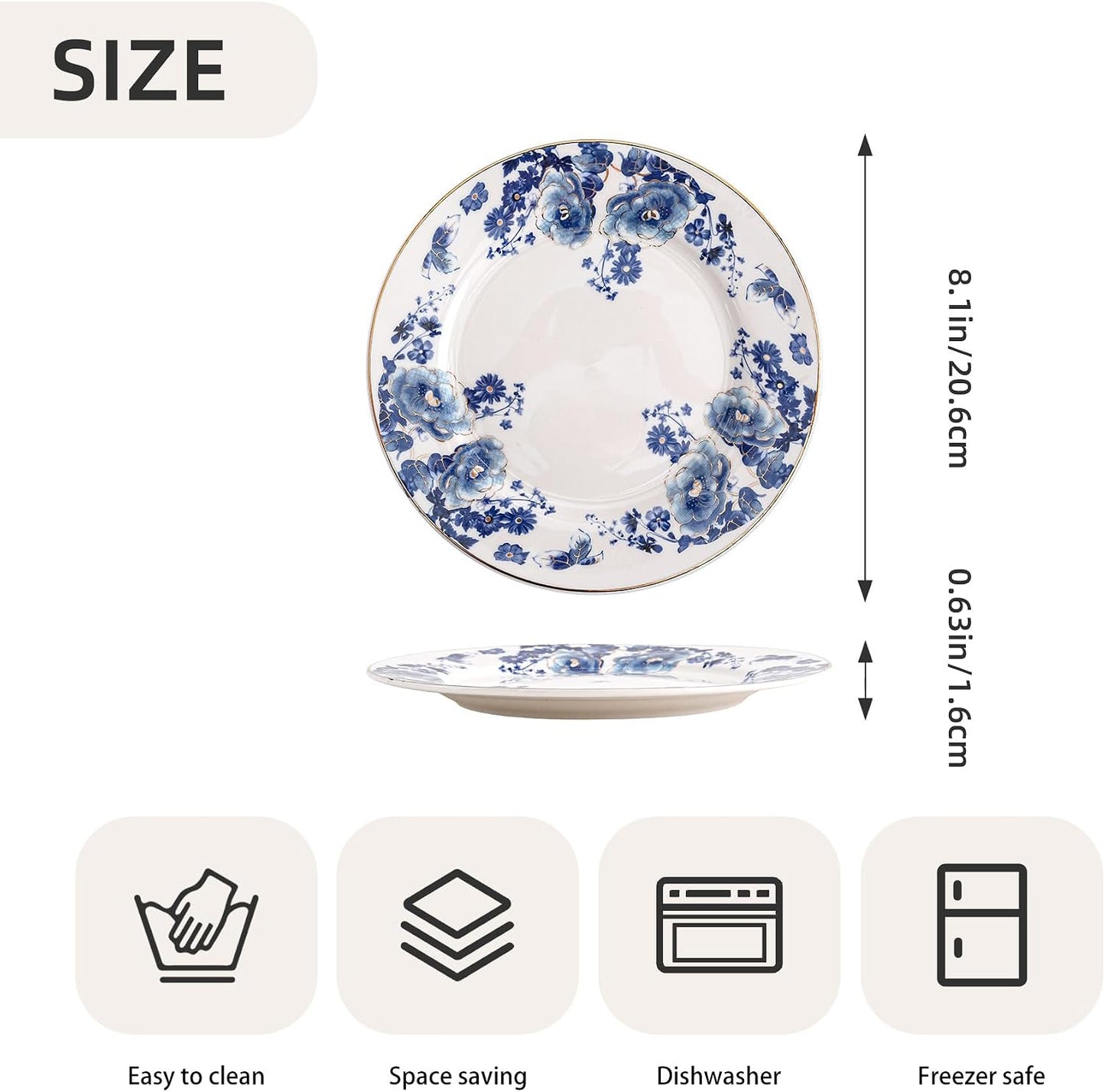 Blue Floral Porcelain Plates – Set of 4, 8 Inch | Nordly