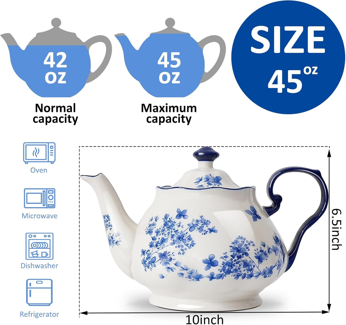 Bone Porcelain European Floral Teapot 45oz | Nordly