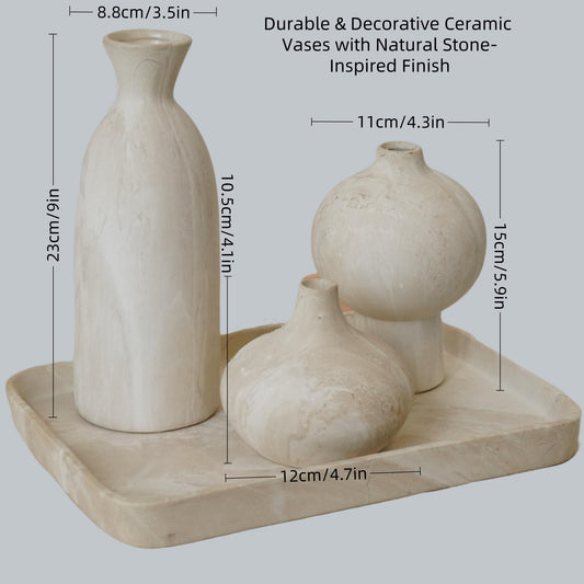 Nordly Ceramic Vase Set of 3 – White & Beige, Stone-Look Texture
