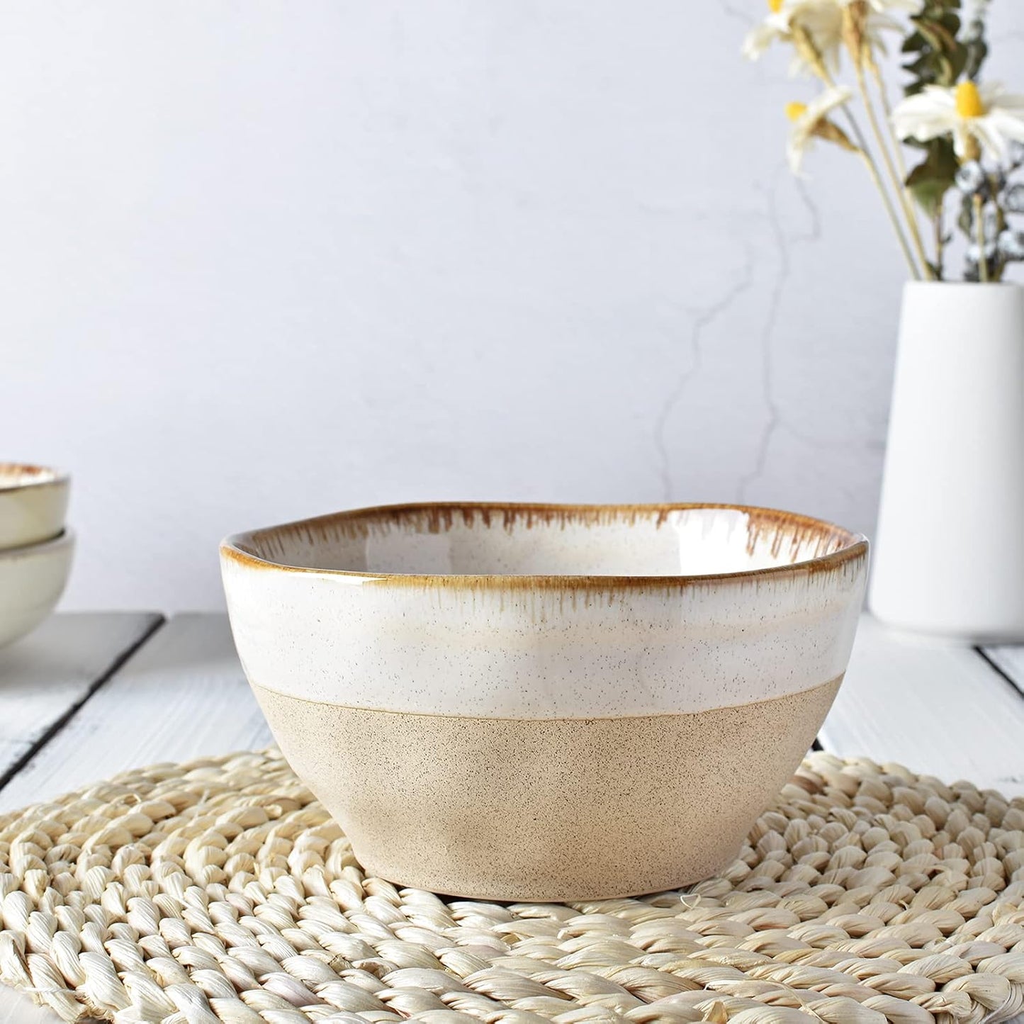 Beige Ceramic Soup Bowls 28oz – Set of 4, 6 Inch | Nordly