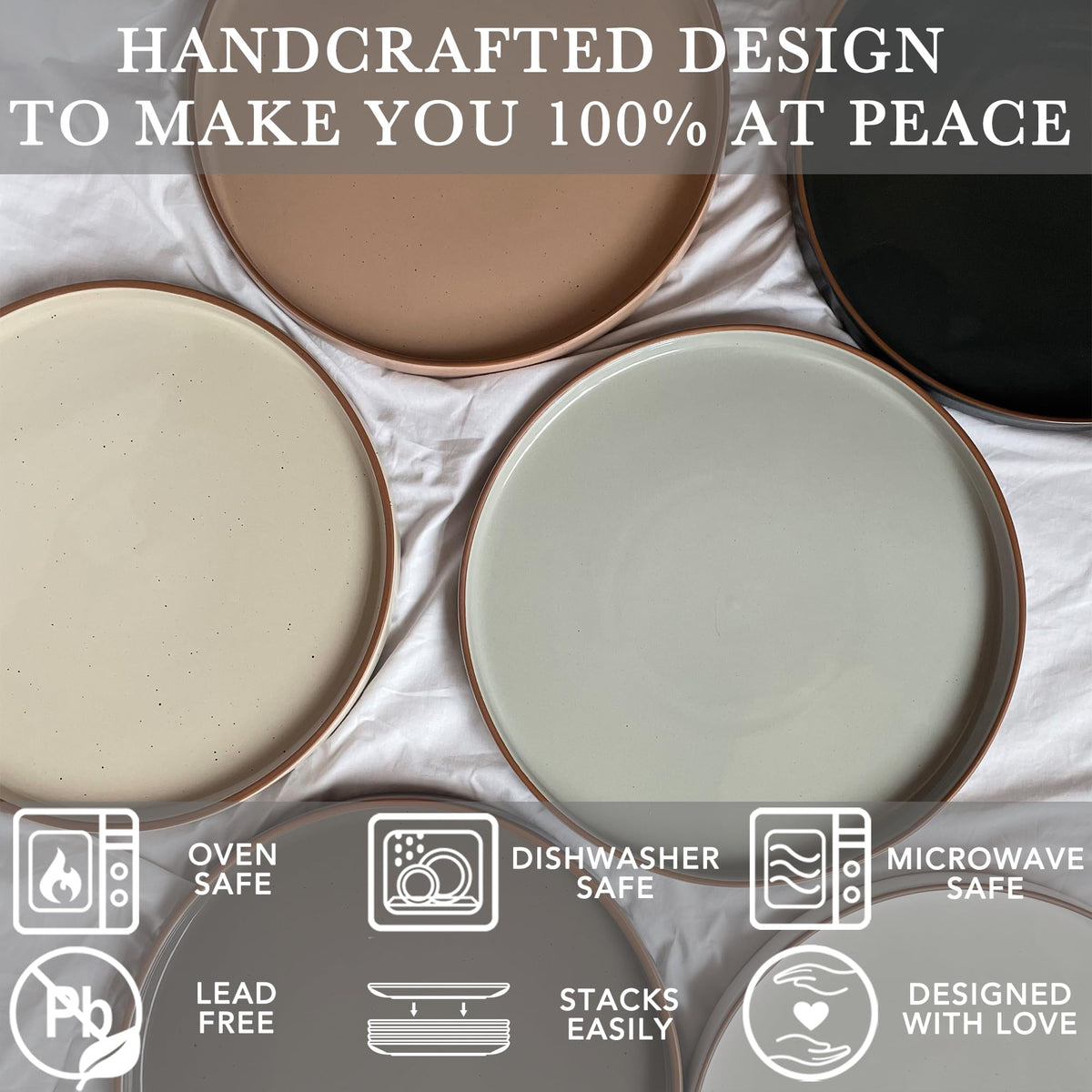 Nordly Ceramic Flat Plates – Set of 6, 8 Inch, Neutral Colors