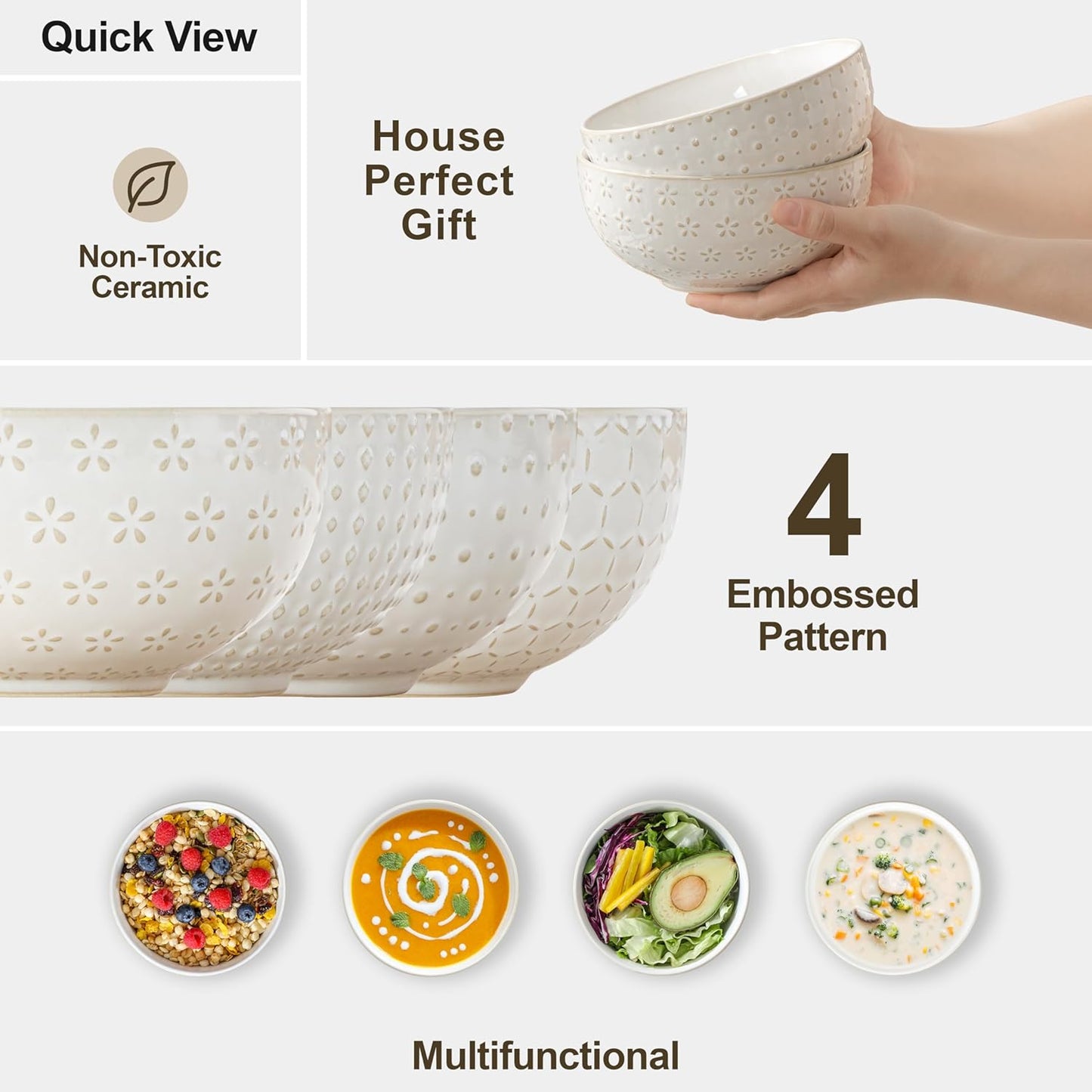 Arctic White Ceramic Cereal Bowls 30oz – Set of 4 | Nordly
