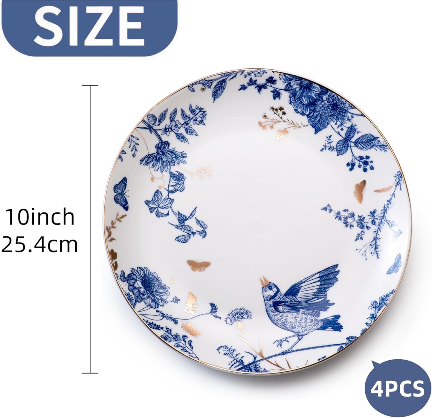 Blue & White Floral Porcelain Dinner Plates – Set of 4, 10 Inch | Nordly