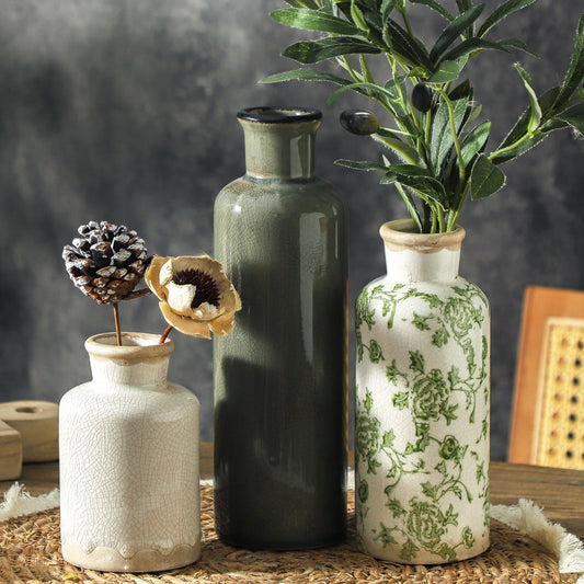 Nordly Vintage Ceramic Flower Vase Set of 3 – Chinoiserie, Green & Beige