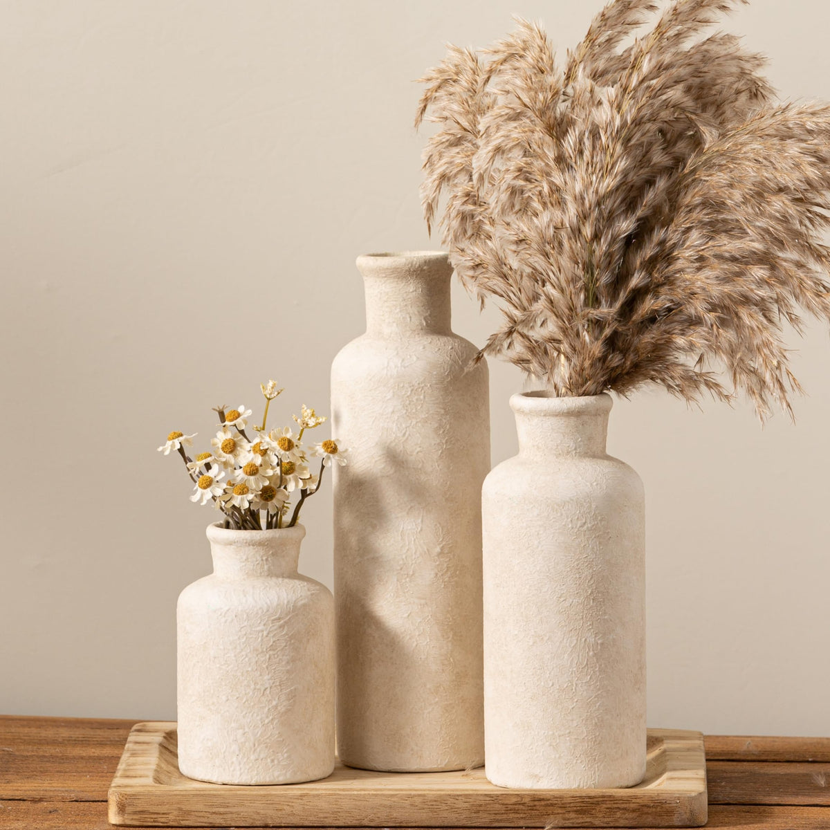 Nordly Ceramic Vases Set of 3 – Whitewashed Neutral, Farmhouse Decor