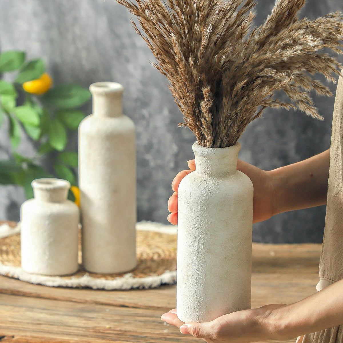Nordly Ceramic Vases Set of 3 – Whitewashed Neutral, Farmhouse Decor
