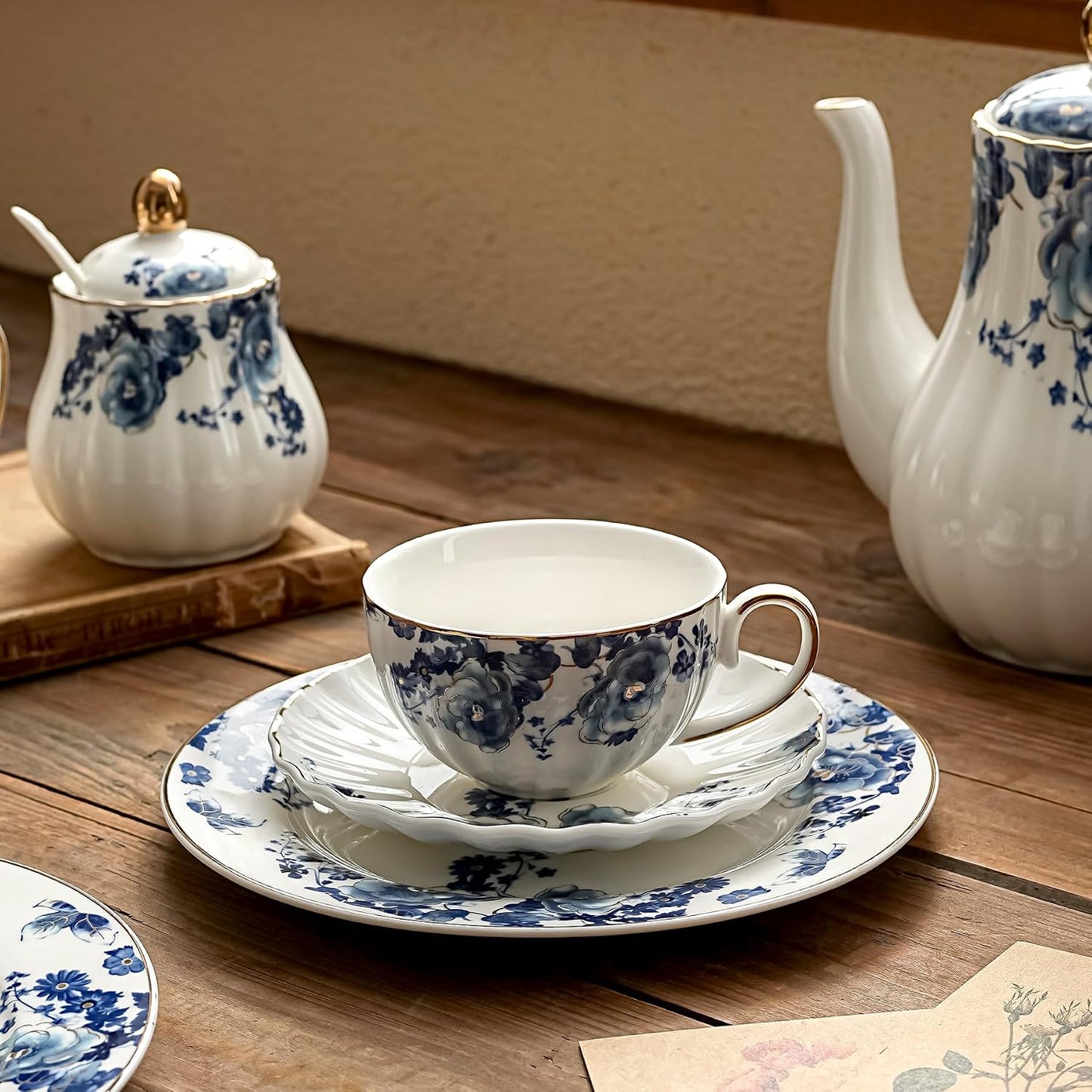 Blue Floral Porcelain Plates – Set of 4, 8 Inch | Nordly