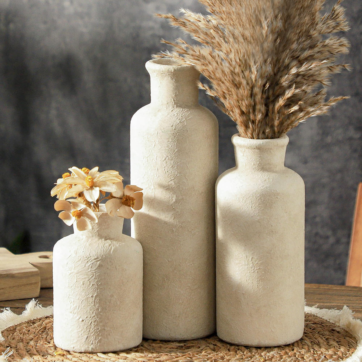 Nordly Ceramic Vases Set of 3 – Whitewashed Neutral, Farmhouse Decor
