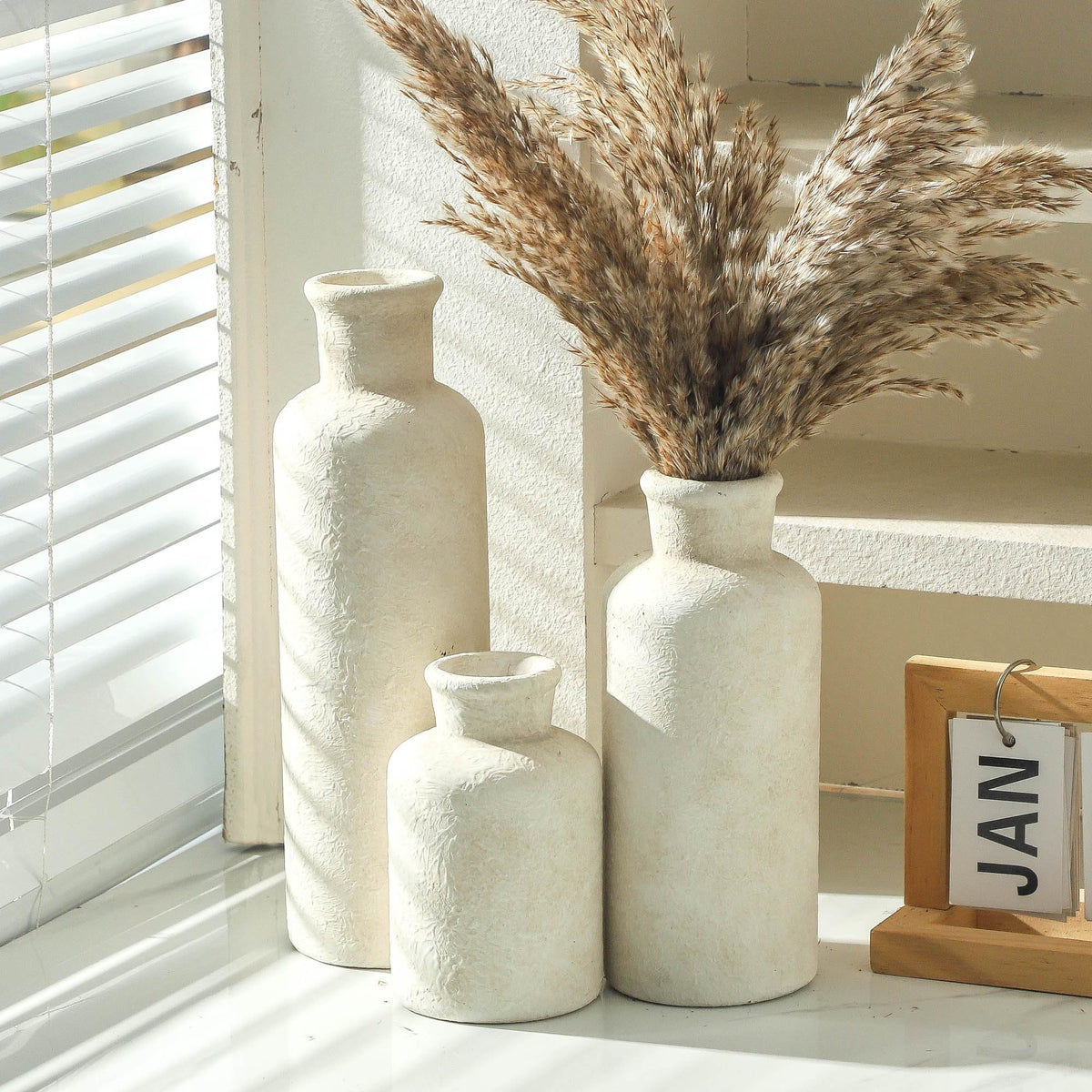 Nordly Ceramic Vases Set of 3 – Whitewashed Neutral, Farmhouse Decor
